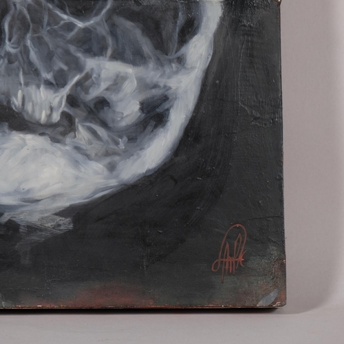 425 - Robert Sample, contemporary painting of skull x-ray, mixed media plaster and oil on board, signed, 4... 