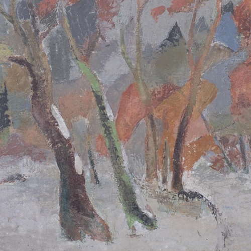 429 - Edith James (French, born 1928), mid-20th century autumnal forest scene, impasto oil on canvas, sign... 