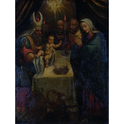 436 - 18th century religious study of priest with Christ Child, oil on board, 21cm x 16cm, unsigned, frame... 