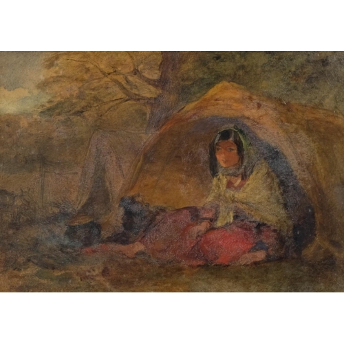 437 - Francis William Topham (1808 - 1877), young woman at fireside in camp, oil on canvas, signed, 22cm x... 