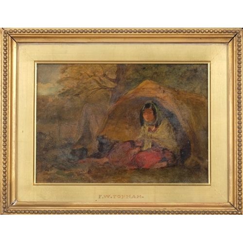 437 - Francis William Topham (1808 - 1877), young woman at fireside in camp, oil on canvas, signed, 22cm x... 