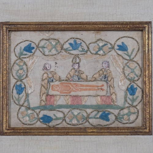 438 - 18th century tapestry on silk of priests at shroud, unsigned, 17cm x 12cm, framed