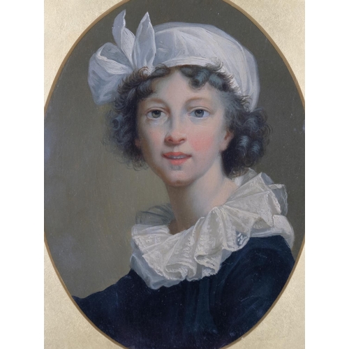 439 - Late 18th/early 19th century portrait of a young woman, on oval oil on board, unsigned, 20cm x 14cm,... 