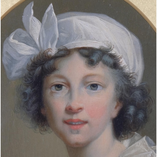 439 - Late 18th/early 19th century portrait of a young woman, on oval oil on board, unsigned, 20cm x 14cm,... 