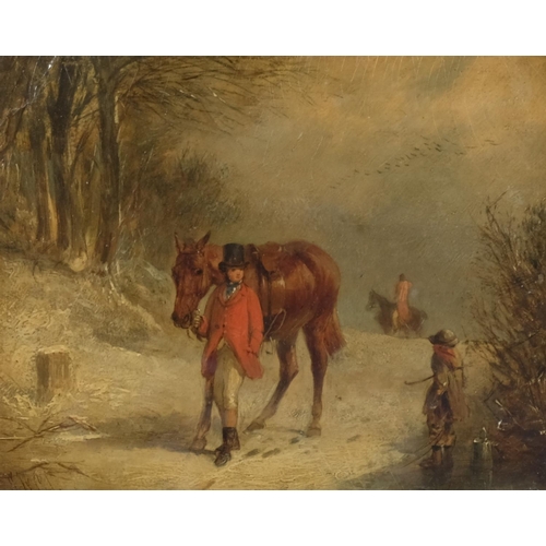 440 - 19th century English School, study of gentleman leading horse on snowy track, unsigned, 20cm x 16cm,... 