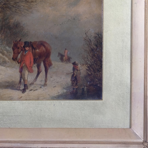 440 - 19th century English School, study of gentleman leading horse on snowy track, unsigned, 20cm x 16cm,... 