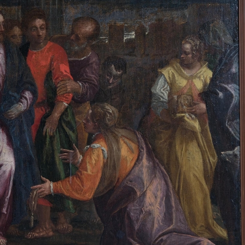 443 - Circle of Paolo Veronese, woman kneeling before Christ, oil on canvas, unsigned, 97cm x 80cm, framed... 