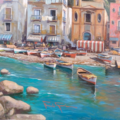 444 - Ferruccio Gianni, large Sorento harbour scene, oil on canvas 100cm x 100cm, together with 2 unstretc... 