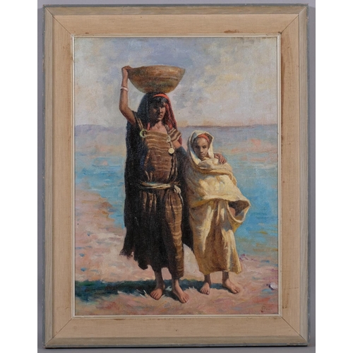 447 - A. Etyka, Arabian woman and child, oil on board, signed, 50cm x 37cm, framed