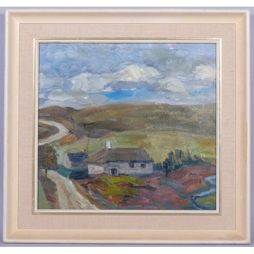 457 - Crofter's cottage in rolling landscape, possibly Cornish, oil on board, initialled AW, 40cm x 38cm, ... 