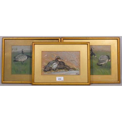 458 - 3 early 20th century pastels of ducks and geese, initialled PS and dated, largest 22cm x 16cm, all f... 