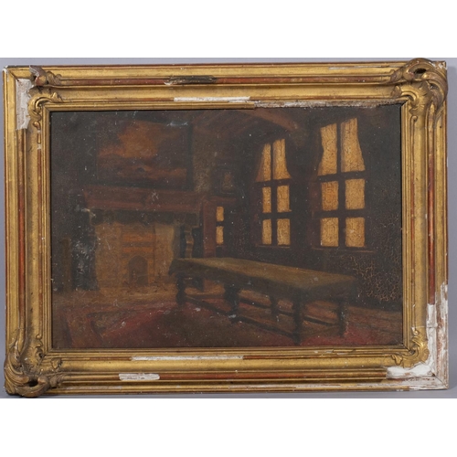 459 - 19th century manor house interior scene, oil on canvas, unsigned, 50cm x 33.5cm, framed