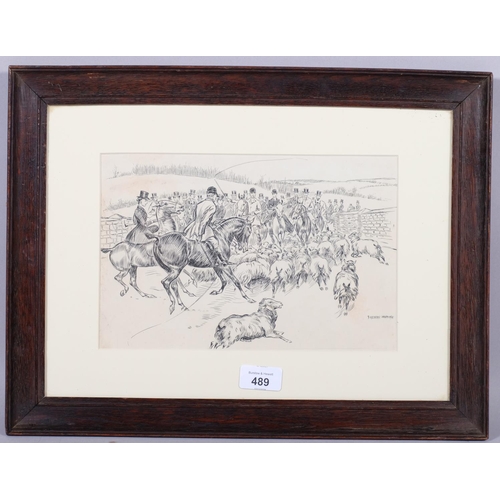 489 - Frederick Whiting (1874-1962), ink on card, The Cottesmore Hunt – A flock of sheep interrupt the pro... 