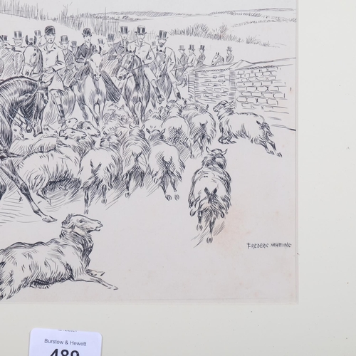 489 - Frederick Whiting (1874-1962), ink on card, The Cottesmore Hunt – A flock of sheep interrupt the pro... 