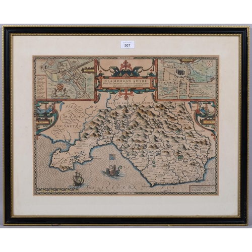 507 - 17th century hand coloured map by John Speede of Glamorganshire, Wales, 50cm x 38cm