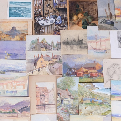 514 - A collection of 19th and 20th century watercolours, prints and oils, largest 76cm x 24cm, most unfra... 