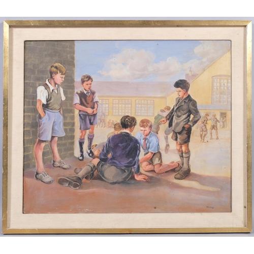 556 - W Clay, British School mid-20th century school boys in playground, oil on canvas, signed, 60cm x 50c... 