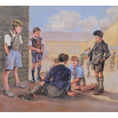 556 - W Clay, British School mid-20th century school boys in playground, oil on canvas, signed, 60cm x 50c... 