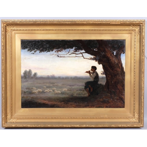 558 - M Hope, shepherd boy playing flute, oil on canvas, signed and dated 1891, 75cm x 50cm, framed