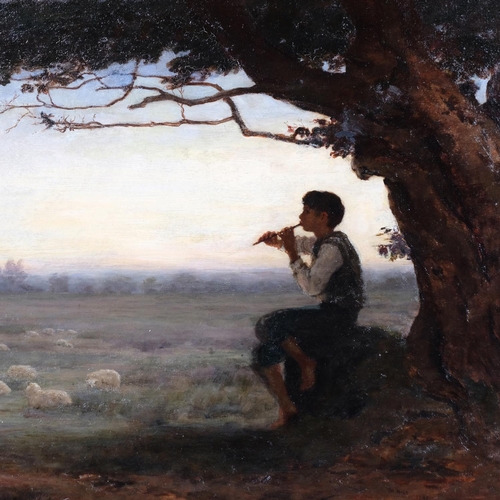 558 - M Hope, shepherd boy playing flute, oil on canvas, signed and dated 1891, 75cm x 50cm, framed