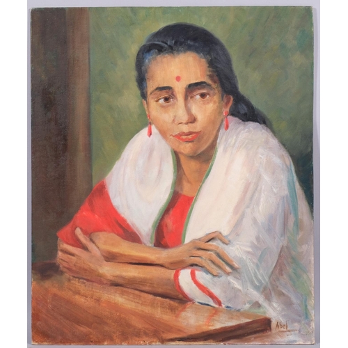 560 - Harold Abel, portrait of Indian lady, oil on board, signed, Southampton Art Society label verso, 60c... 