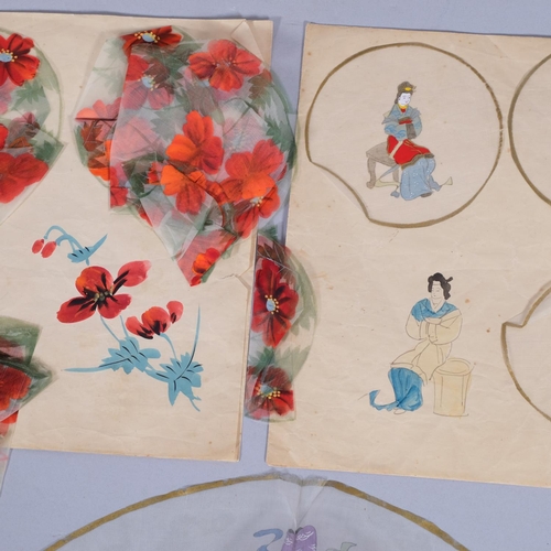 562 - 3 sets of Japanese early 20th century paintings on silk, probably table decoration for tea ceremonie... 