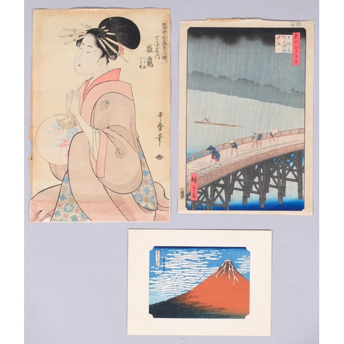 563 - 3 Japanese woodblock prints, including Autagawa Hiroshige, Utamaro, and Katsushika, largest 39cm x 2... 