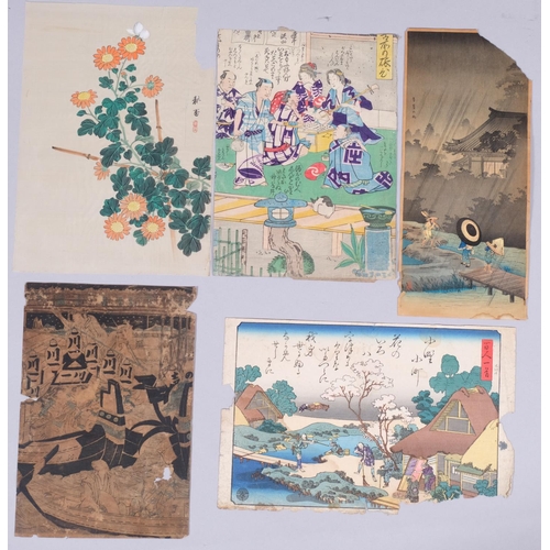 566 - 4 Japanese woodblock prints, and a Chinese watercolour on silk, blossom study (5)