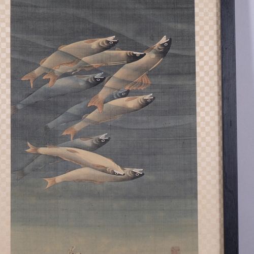 568 - Early 20th century Japanese scroll painting, depicting earth and sea /fish and flowers, watercolour ... 