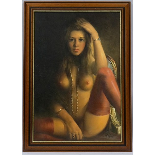 586 - Late 20th century female nude, oil on board, indistinctly signed, 73cm x 48cm, framed