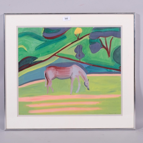 592 - Lucy Macleod, horse in a field, 1989, watercolour, 45cm x 52cm, framed