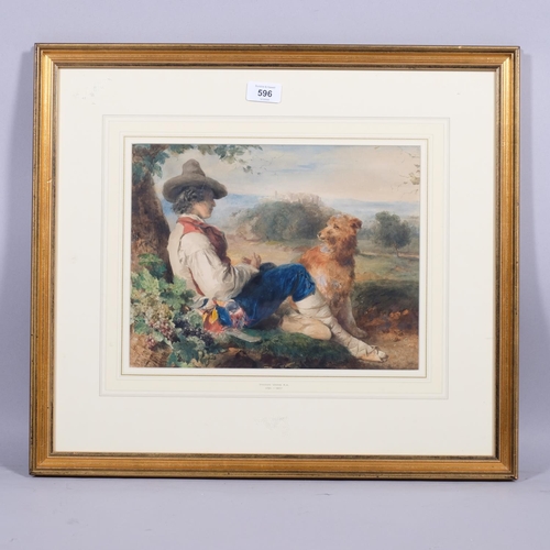 596 - Thomas Uwins (1782 - 1857), a shepherd and his dog resting in the Campagna, watercolour, unsigned, 2... 