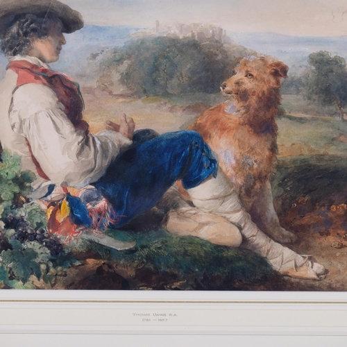 596 - Thomas Uwins (1782 - 1857), a shepherd and his dog resting in the Campagna, watercolour, unsigned, 2... 