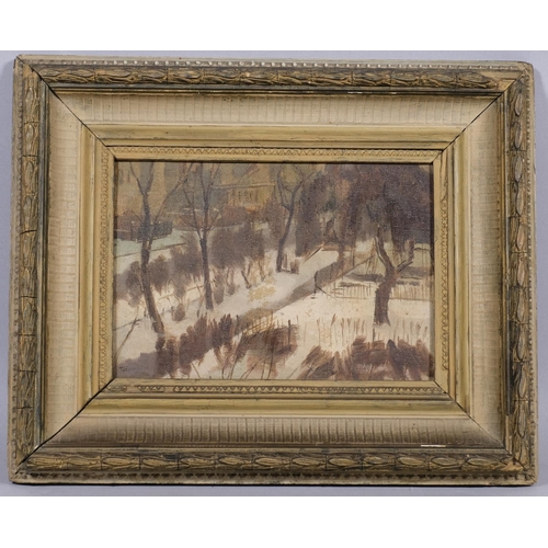 600 - Early 20th century Belgian School, parkland in winter, oil on canvas laid to board, indistinctly sig... 