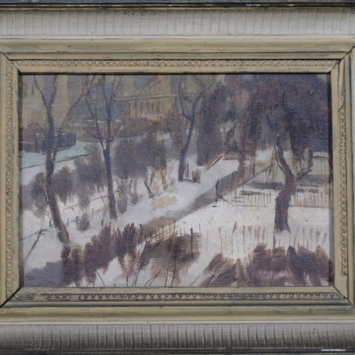 600 - Early 20th century Belgian School, parkland in winter, oil on canvas laid to board, indistinctly sig... 