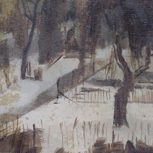 600 - Early 20th century Belgian School, parkland in winter, oil on canvas laid to board, indistinctly sig... 