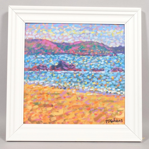 604 - Paul Stephens, Looe seaside Cornwall, oil on board, signed, 29cm x 29cm, framed