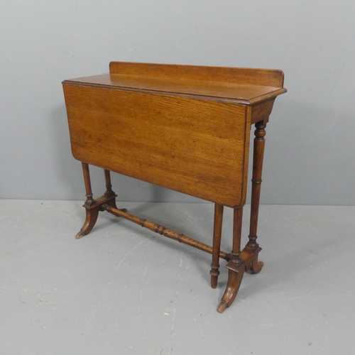 2144 - An early 20th century oak drop-leaf console table, with raised back and turned stretcher. Width 84cm... 