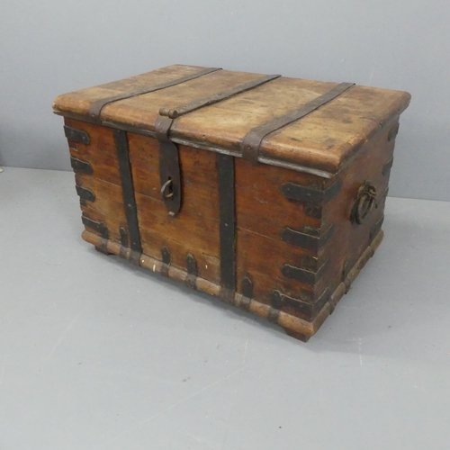 2152 - A large and impressive antique metal bound oak chest. Width 100cm, height 60cm, depth 66cm.