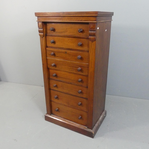 2145 - A mahogany Wellington style secretaire chestm with six drawers and a secretaire drawer with fall-fro... 