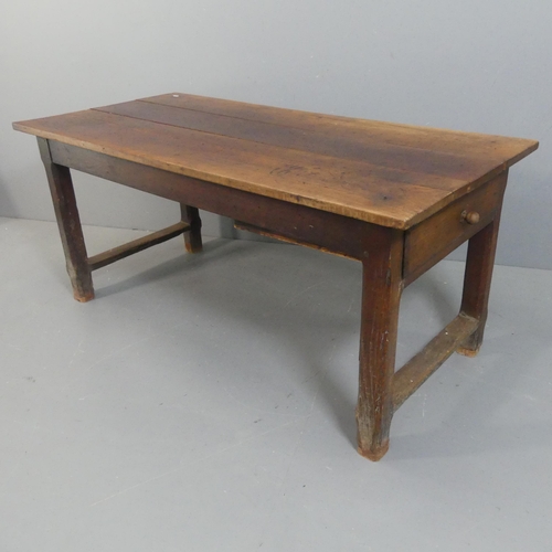 2153 - An elm plank-top dining table with end-frieze drawer on oak base. Length 160cm, height 72cm, width 7... 