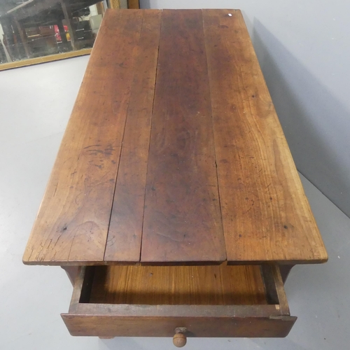 2153 - An elm plank-top dining table with end-frieze drawer on oak base. Length 160cm, height 72cm, width 7... 