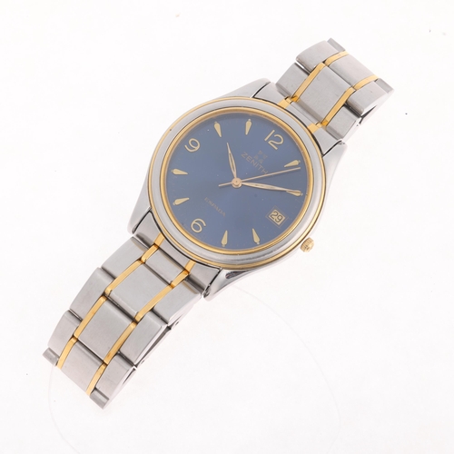 1024 - ZENITH - a gold plated stainless steel Espada quartz calendar bracelet watch, circa 2001, blue dial ... 