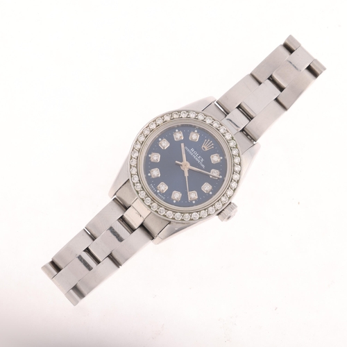 1030 - ROLEX - a lady's stainless steel diamond Oyster Perpetual automatic bracelet watch, blue dial with d... 