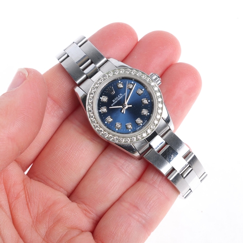 1030 - ROLEX - a lady's stainless steel diamond Oyster Perpetual automatic bracelet watch, blue dial with d... 