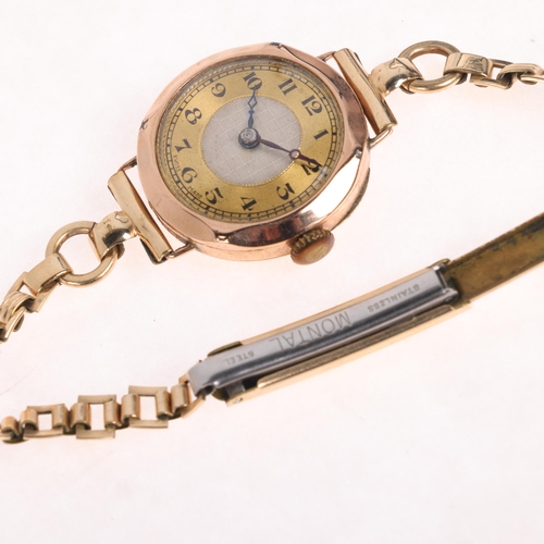 1033 - A lady's 9ct gold mechanical bracelet watch, circa 1930s, champagne and silvered textured dial with ... 