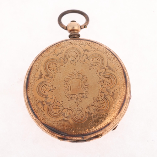 1040 - An Antique Swiss 19k gold open-face key-wind pocket watch, gilt chased floral dial with black Roman ... 