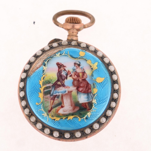 1041 - An Antique Swiss silver gold enamel and pearl open-face keyless fob watch, circa 1900, silvered dial... 