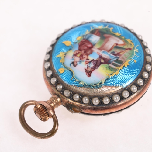 1041 - An Antique Swiss silver gold enamel and pearl open-face keyless fob watch, circa 1900, silvered dial... 