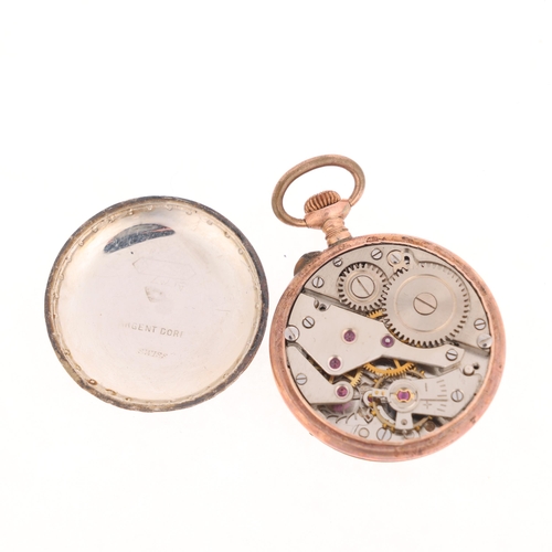 1041 - An Antique Swiss silver gold enamel and pearl open-face keyless fob watch, circa 1900, silvered dial... 